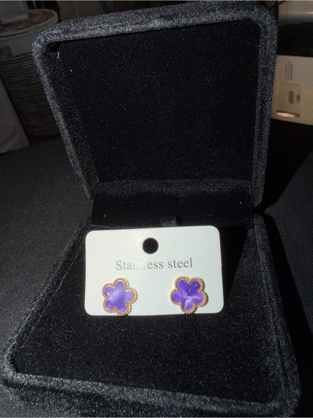 Gold-Trim Purple Clover Stud Earrings